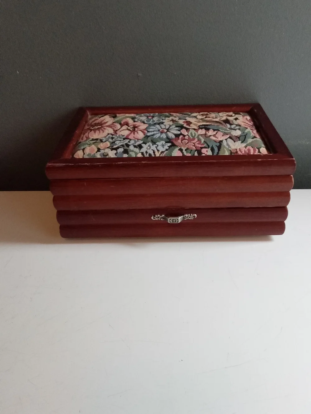 Vintage Wooden Jewelry Box Floral Tapestry Lid Pink Velvet Lining Drawer Storage